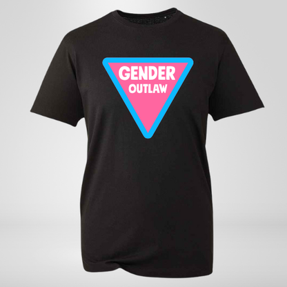 Black t-shirt with a pink and blue triangle logo on a gray background