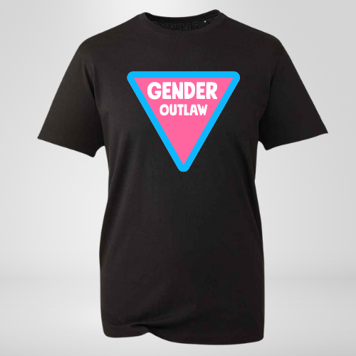 Black t-shirt with a pink and blue triangle logo on a gray background