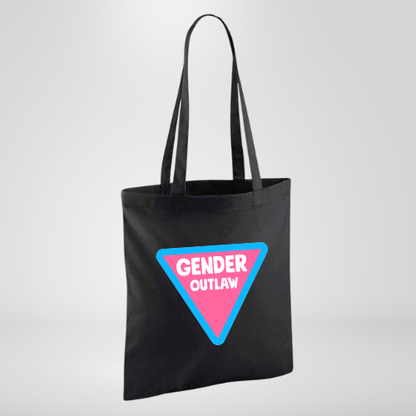 Black tote bag with blue and pink triangle with GENDER OUTLAW in white writing