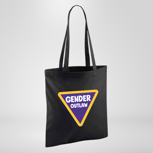 Black tote bag with a yellow and purple triangle with GENDER OUTLAW in white writing
