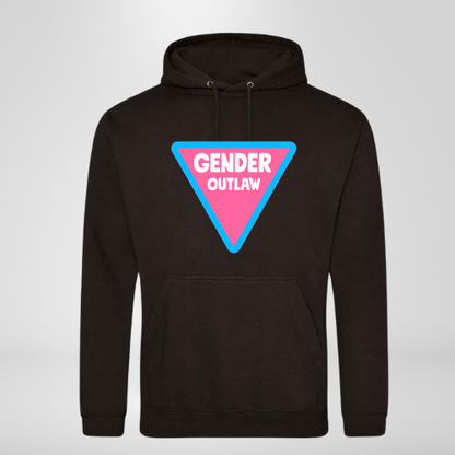 Black hoodie with a blue and pink triangle with GENDER OUTLAW written in white