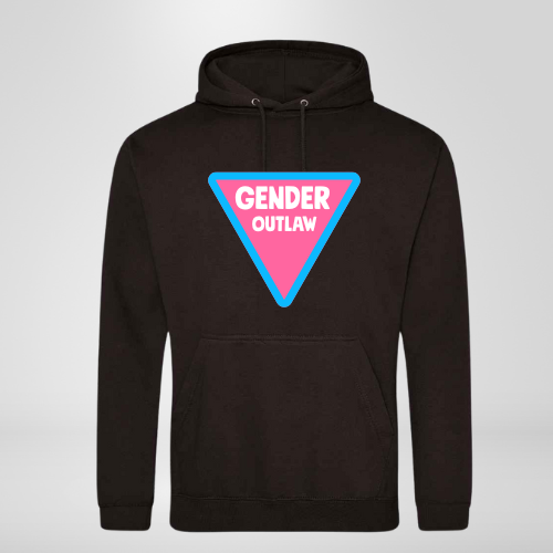 Black hoodie with a blue and pink triangle with GENDER OUTLAW written in white