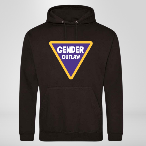 Black hoodie with a yellow and purple triangle with GENDER OUTLAW in white writing 