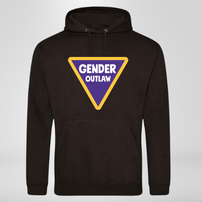 Black hoodie with a yellow and purple triangle with GENDER OUTLAW in white writing 