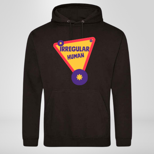 Black hoodie with a red and yellow triangle with IRREGULAR HUMAN in purple writing