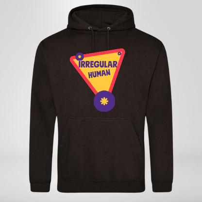 Black hoodie with a red and yellow triangle with IRREGULAR HUMAN in purple writing