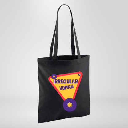 Black Tote Bag with red and yellow triangle and IRREGULAR HUMAN in purple