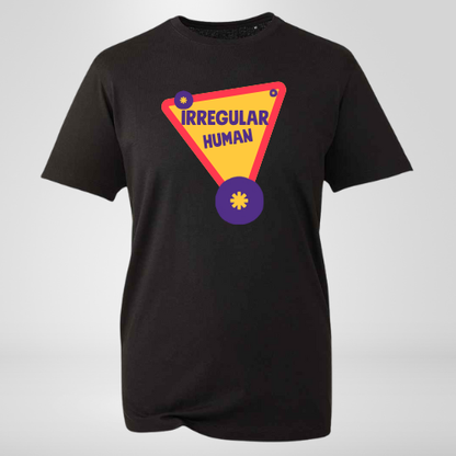 Black t-shirt with a red and yellow triangle graphic and 'Irregular Human' text.