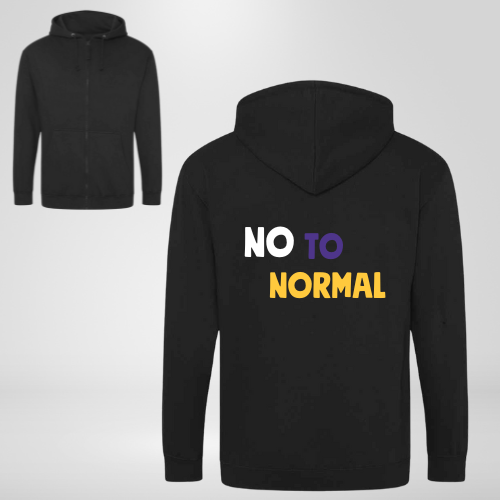 Black hoodie with NO TO NORMAL written on the back in white, purple and yellow writing